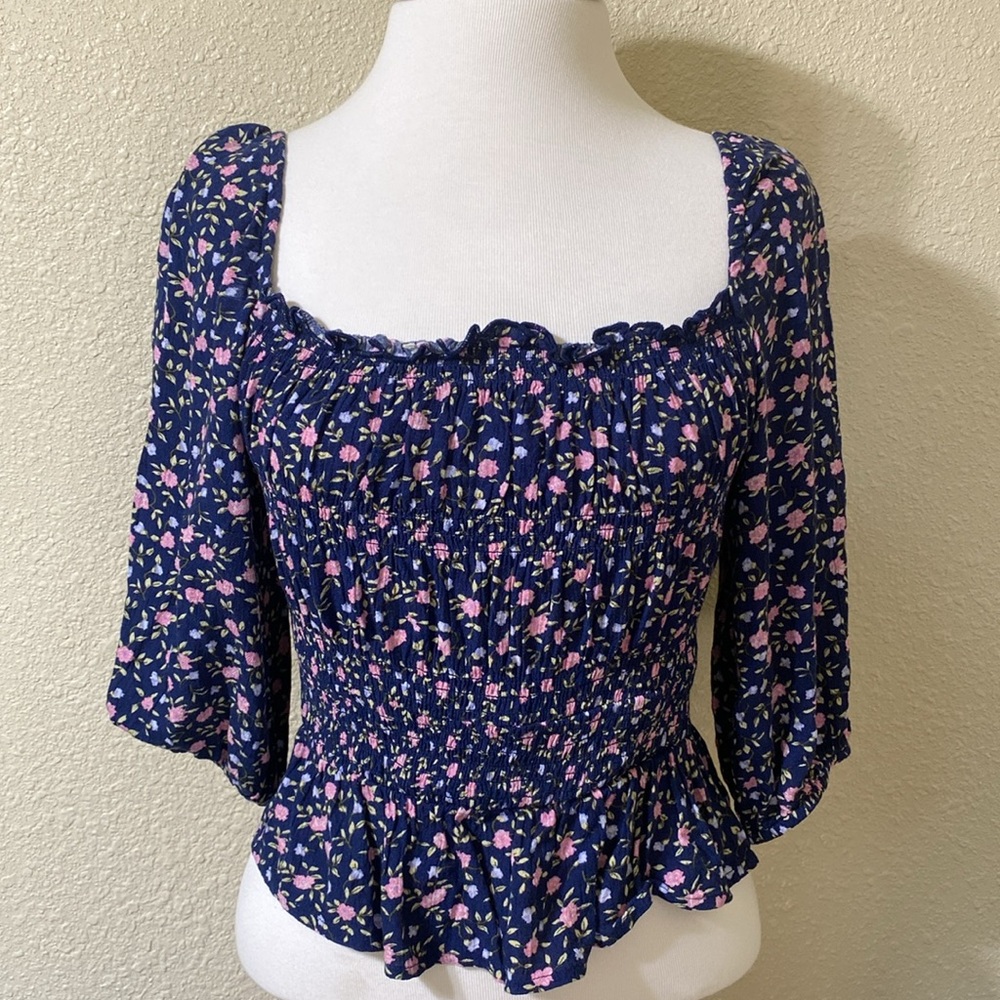 Navy Blue Floral Print Crop Top NWOT Size S
